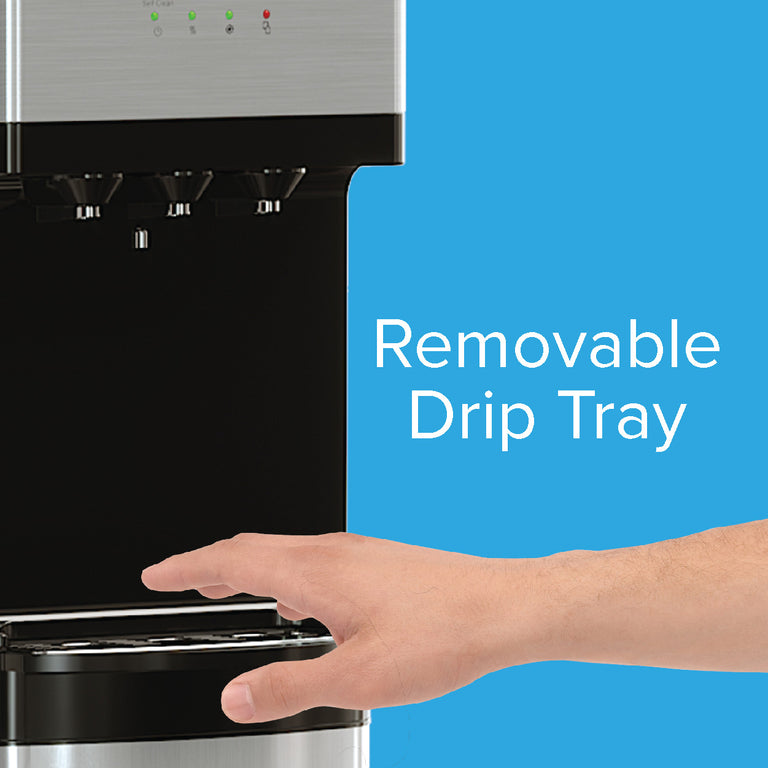 A hand is reaching towards the drip tray of a water dispenser with the text Removable Drip Tray on a blue background.